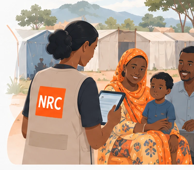A frontline worker records information on a tablet while speaking with a participant in a field setting.